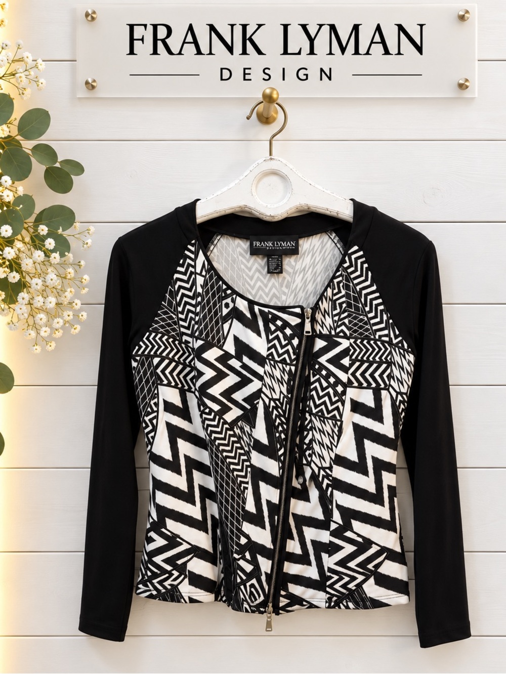 FRANK LYMAN Black & White Geometric Zip Jacket Size 12